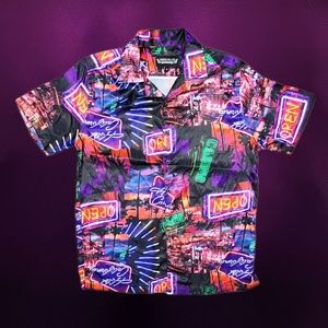 Men's Las Vegas Hotel California Casino Print Lightweight Satin Button-up Shirt